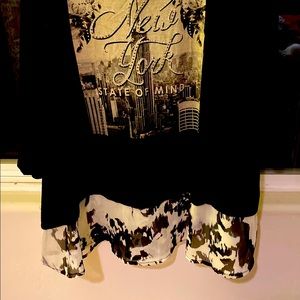 Black top with New York Skyline and sheer hem.